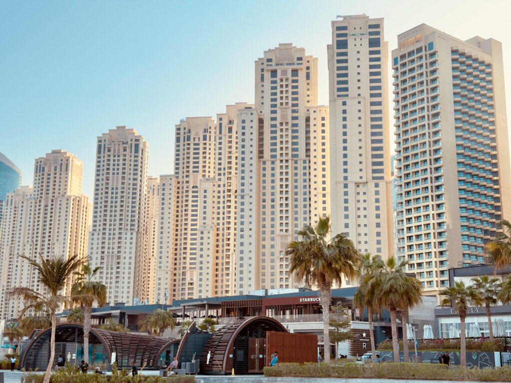 Daytime view of Dubai Marina's towering skyscrapers with palm trees below, capturing modern urban architecture.